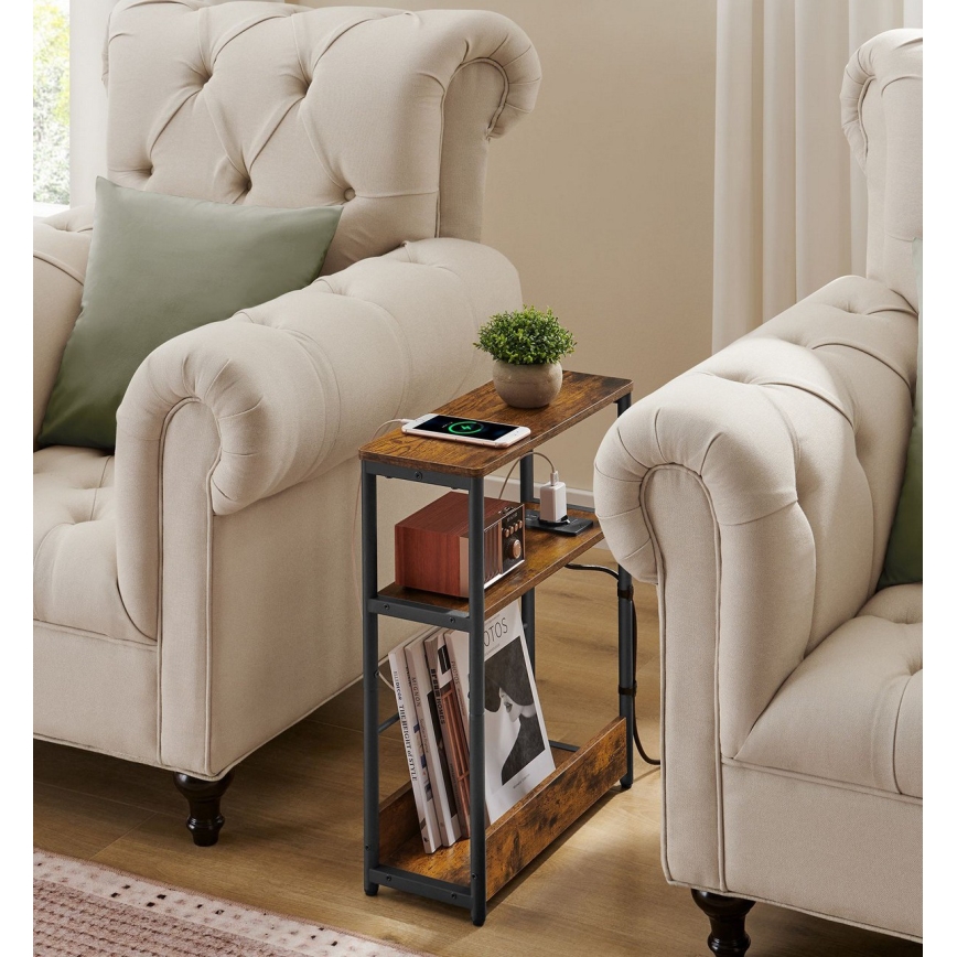 Odkládací stolek s vestavěnou zásuvkou a USB porty ROD 45x18 cm hnědá/černá