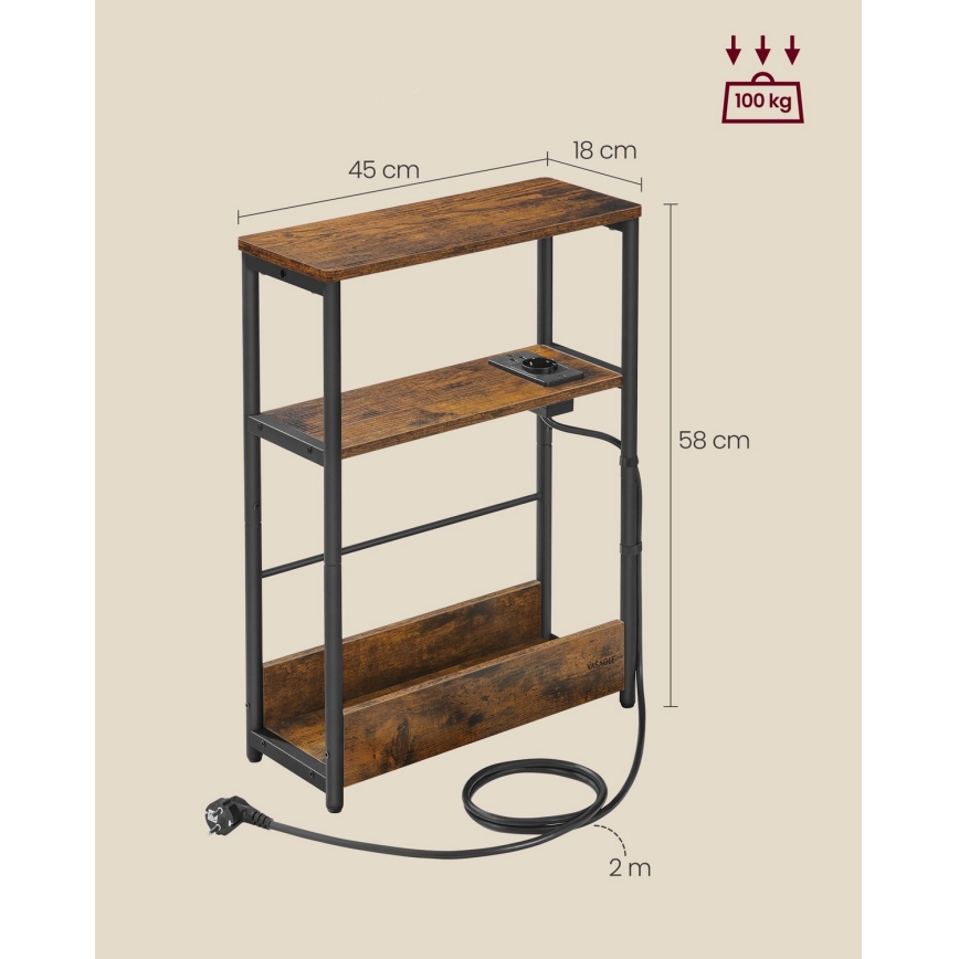 Odkládací stolek s vestavěnou zásuvkou a USB porty ROD 45x18 cm hnědá/černá