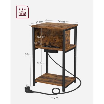 Odkládací stolek s vestavěnými zásuvkami a USB porty ROD 34x30 cm hnědá/černá