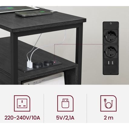 Odkládací stolek s vestavěnými zásuvkami a USB porty ROD 60x35 cm černá