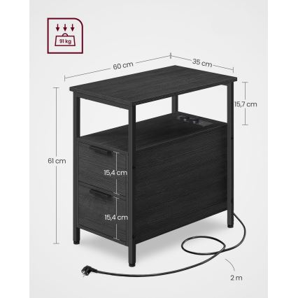 Odkládací stolek s vestavěnými zásuvkami a USB porty ROD 60x35 cm černá