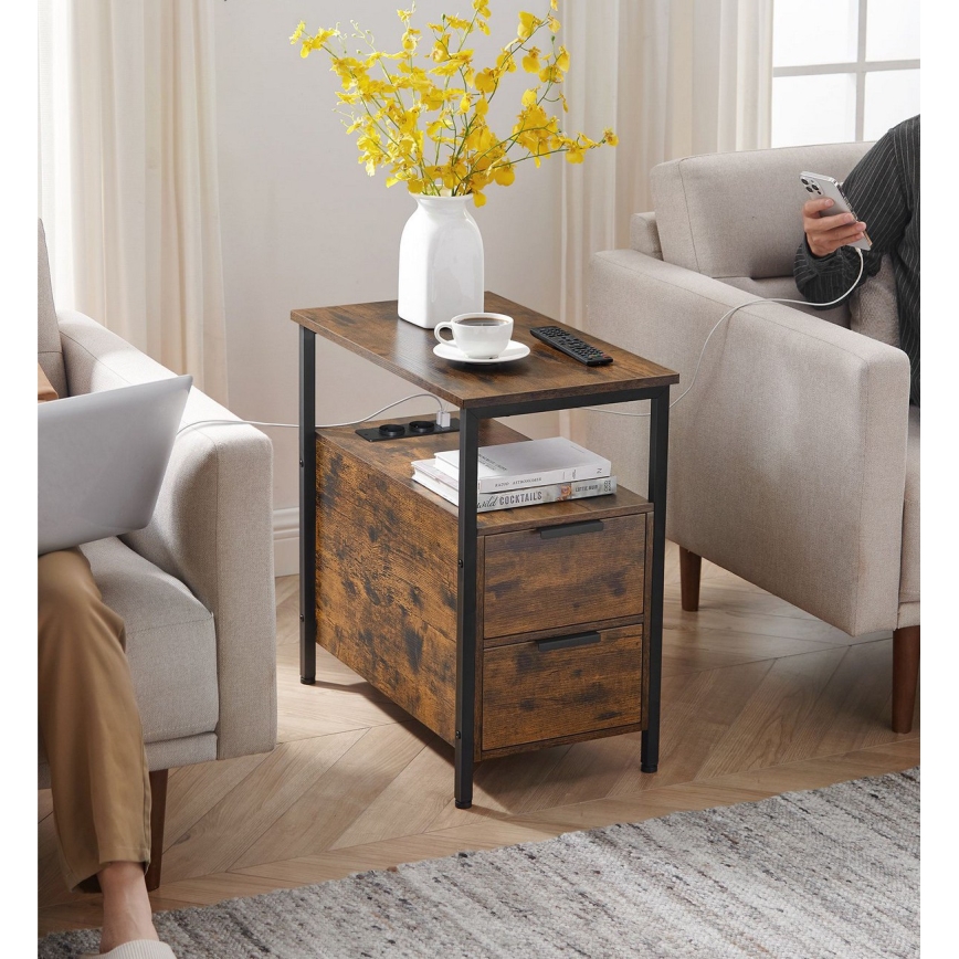 Odkládací stolek s vestavěnými zásuvkami a USB porty ROD 65x35 cm hnědá/černá