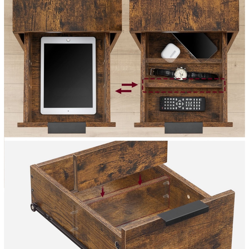 Odkládací stolek s vestavěnými zásuvkami a USB porty ROD 65x35 cm hnědá/černá