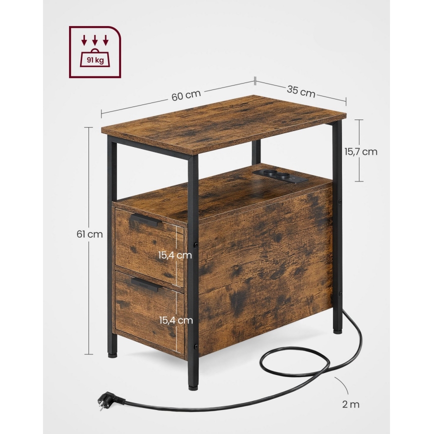 Odkládací stolek s vestavěnými zásuvkami a USB porty ROD 65x35 cm hnědá/černá