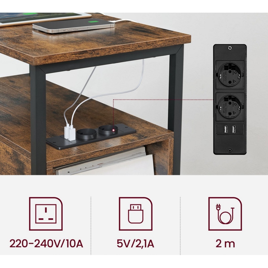 Odkládací stolek s vestavěnými zásuvkami a USB porty ROD hnědá/černá