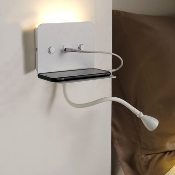 ONLI - LED Flexibilní lampička s policí a USB nabíjením PLAK LED/1W/230V bílá