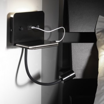 ONLI - LED Flexibilní lampička s policí a USB nabíjením PLAK LED/1W/230V černá