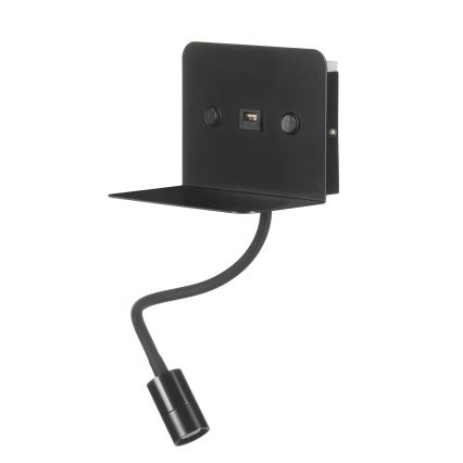 ONLI - LED Flexibilní lampička s policí a USB nabíjením PLAK LED/1W/230V černá