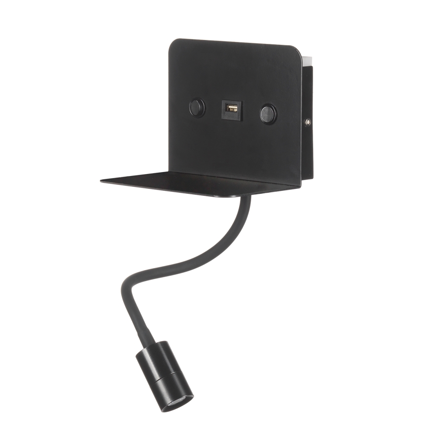 ONLI - LED Flexibilní lampička s policí a USB nabíjením PLAK LED/1W/230V černá