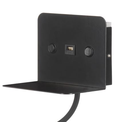 ONLI - LED Flexibilní lampička s policí a USB nabíjením PLAK LED/1W/230V černá