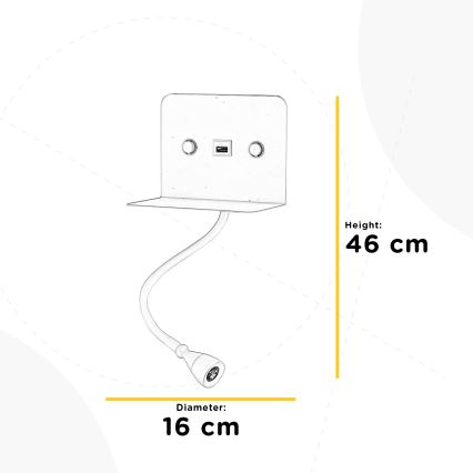 ONLI - LED Flexibilní lampička s policí a USB nabíjením PLAK LED/1W/230V černá