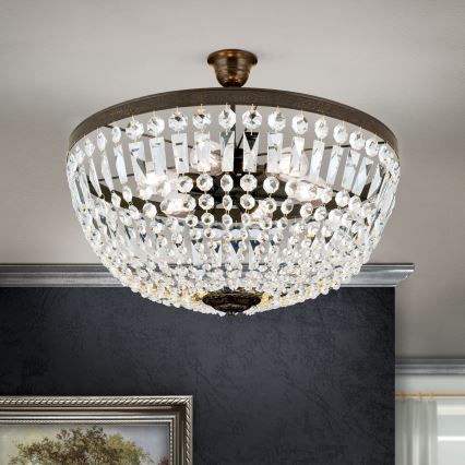 Křišťálový lustr na tyči ARILA 6xE27/60W/230V pr. 60 cm hnědá/patina