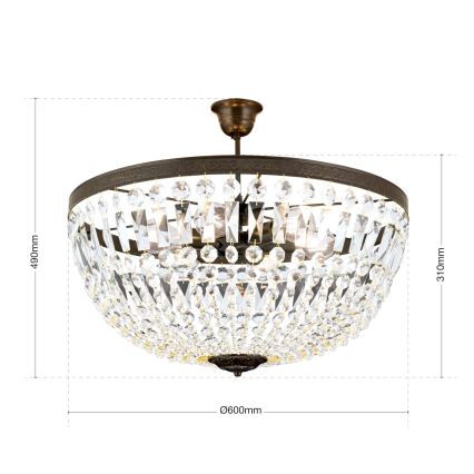 Křišťálový lustr na tyči ARILA 6xE27/60W/230V pr. 60 cm hnědá/patina