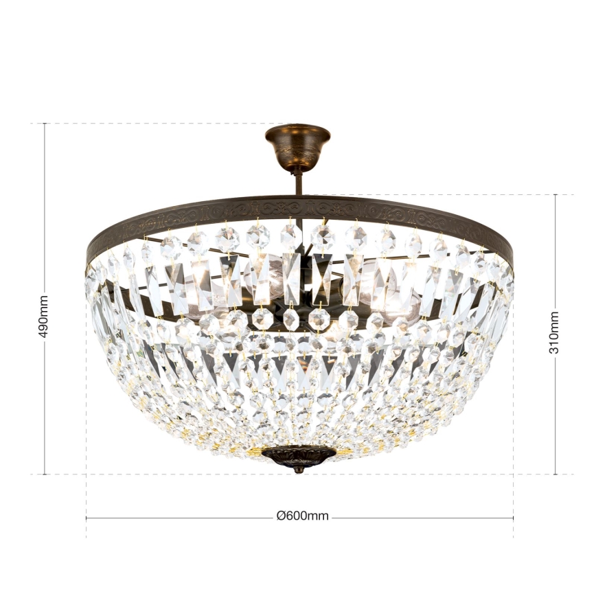 Křišťálový lustr na tyči ARILA 6xE27/60W/230V pr. 60 cm hnědá/patina