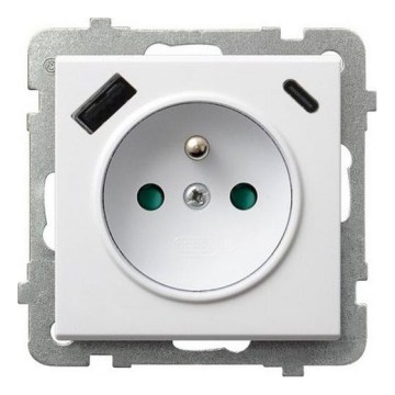 Ospel - Zásuvka domovní bez rámečku 230V + 1xUSB-A + 1xUSB-C SONATA bílá