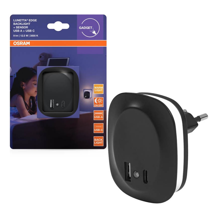 Osram - LED Noční svítidlo do zásuvky se senzorem a USB LUNETTA LED/12,5W/230V černá