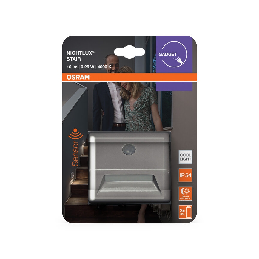 Osram - LED Schodišťové svítidlo se senzorem NIGHTLUX LED/0,25W/3xAAA IP54 stříbrná