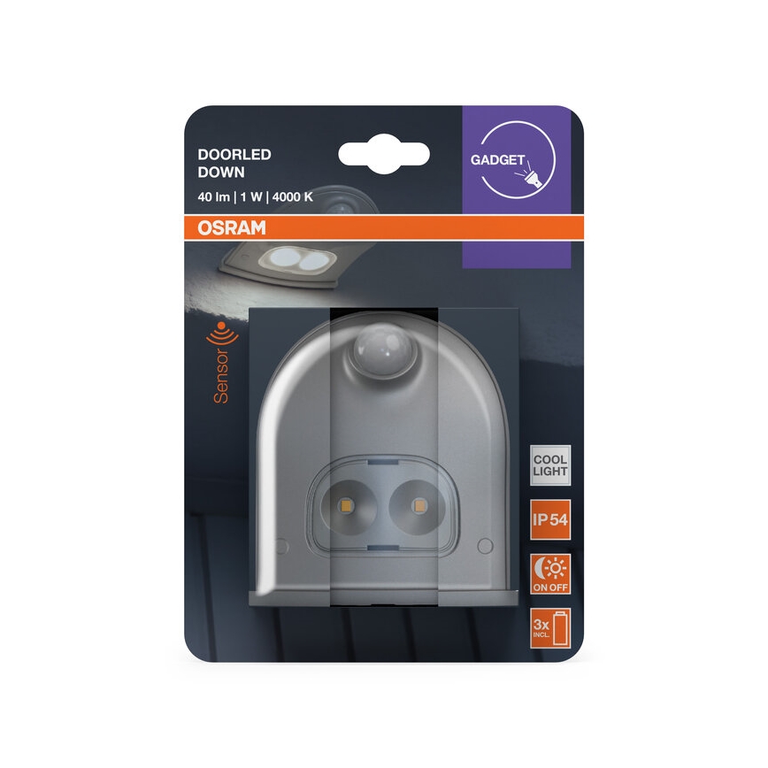 Osram - LED Venkovní nástěnné svítidlo se senzorem DOORLED LED/0,5W/3xAA IP54 stříbrná
