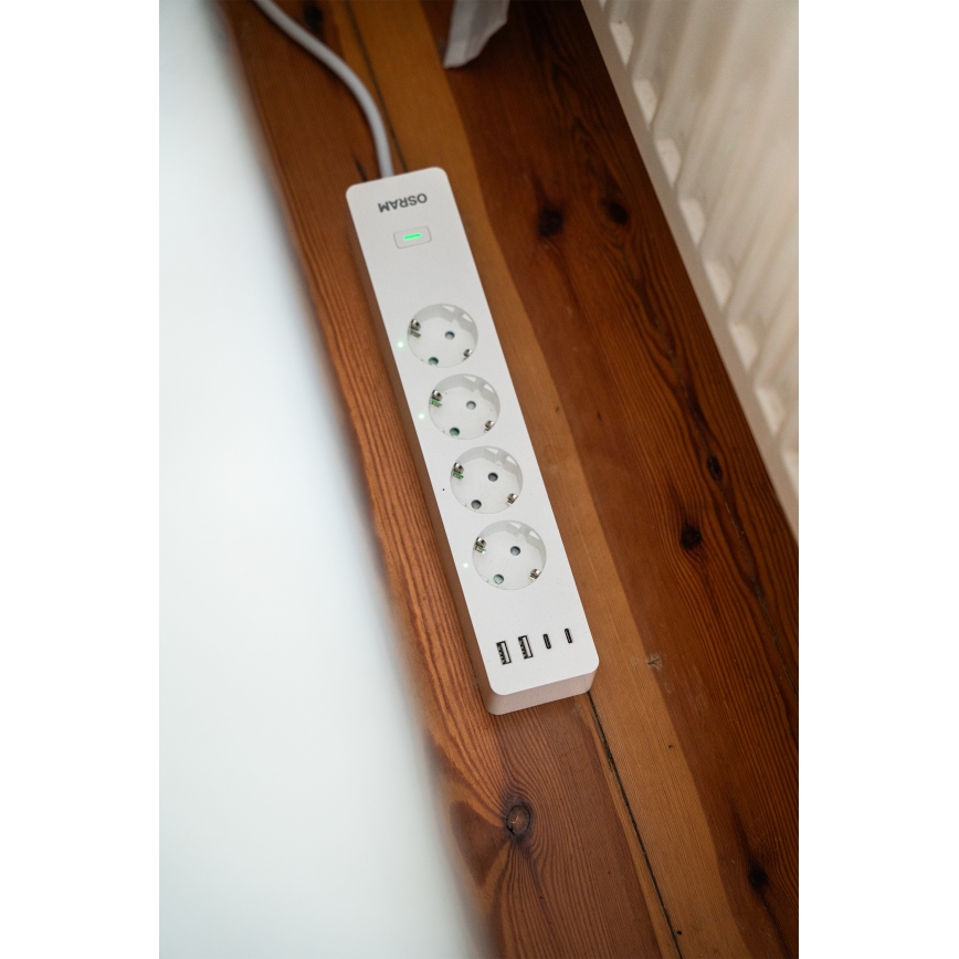 Osram - Prodlužovací kabel SMART+ 4Z typ F + 2xUSB-A + 2xUSB-C Wi-Fi