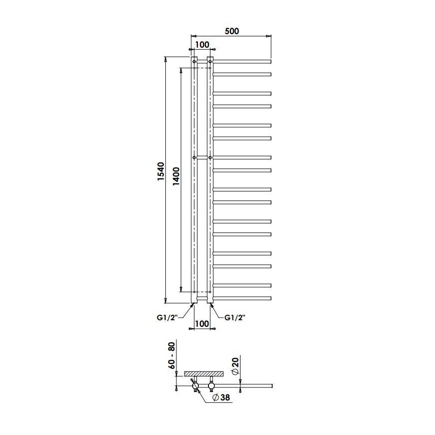 P.M.H. T2W-L - Koupelnový žebříkový radiátor THEIA 352W 154 cm levá/bílá