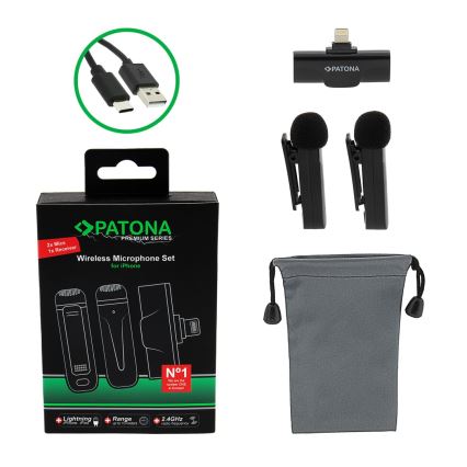 PATONA - SADA 2x Bezdrátový mikrofon s klipem pro iPhone USB-C 5V