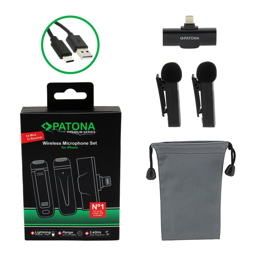 PATONA - SADA 2x Bezdrátový mikrofon s klipem pro iPhone USB-C 5V