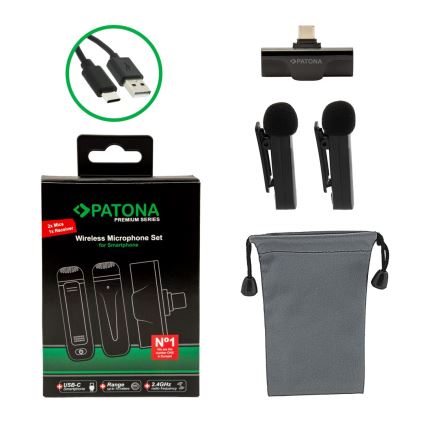 PATONA - SADA 2x Bezdrátový mikrofon s klipem pro Smartphone USB-C 5V