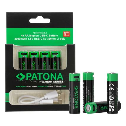 PATONA - SADA 4x Baterie AA/LR6 Li-Pol 2000mAh 1,5Vs s USB-C nabíjením