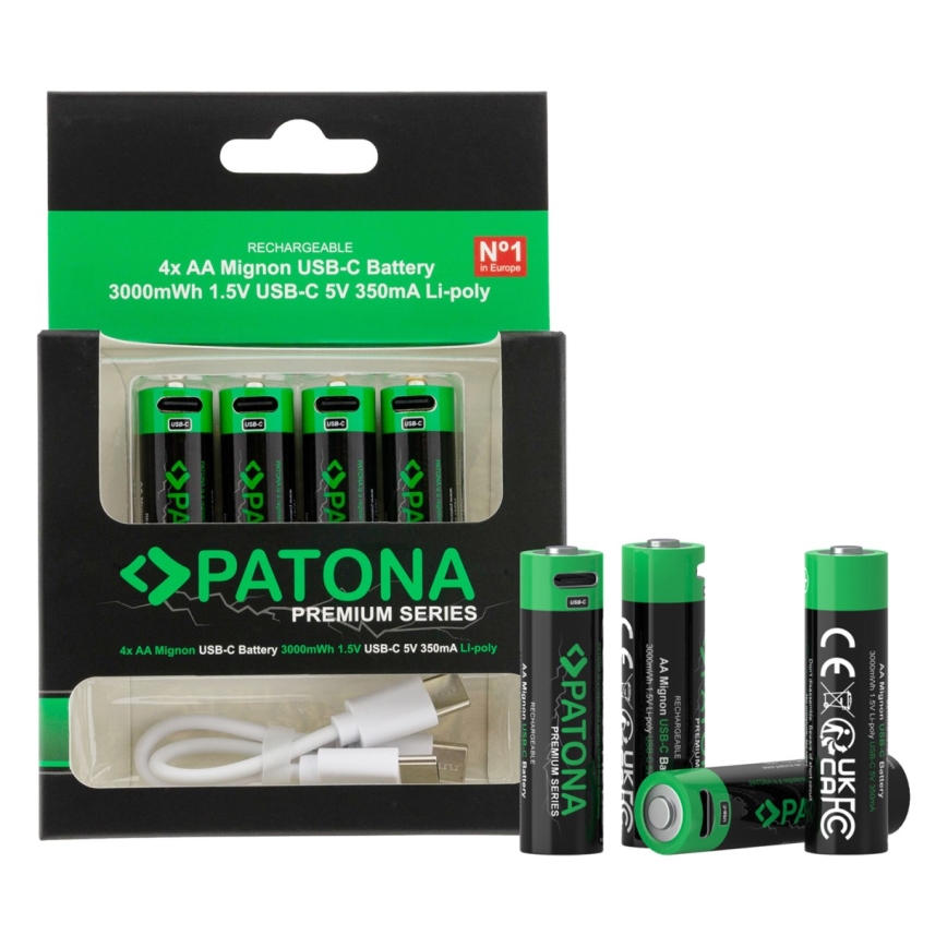 PATONA - SADA 4x Baterie AA/LR6 Li-Pol 2000mAh 1,5Vs s USB-C nabíjením