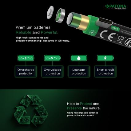 PATONA - SADA 4x Baterie AA/LR6 Li-Pol 2000mAh 1,5Vs s USB-C nabíjením