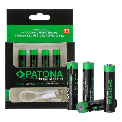 PATONA - SADA 4x Baterie AAA/LR03 Li-Pol 500mAh 1,5V s USB-C nabíjením