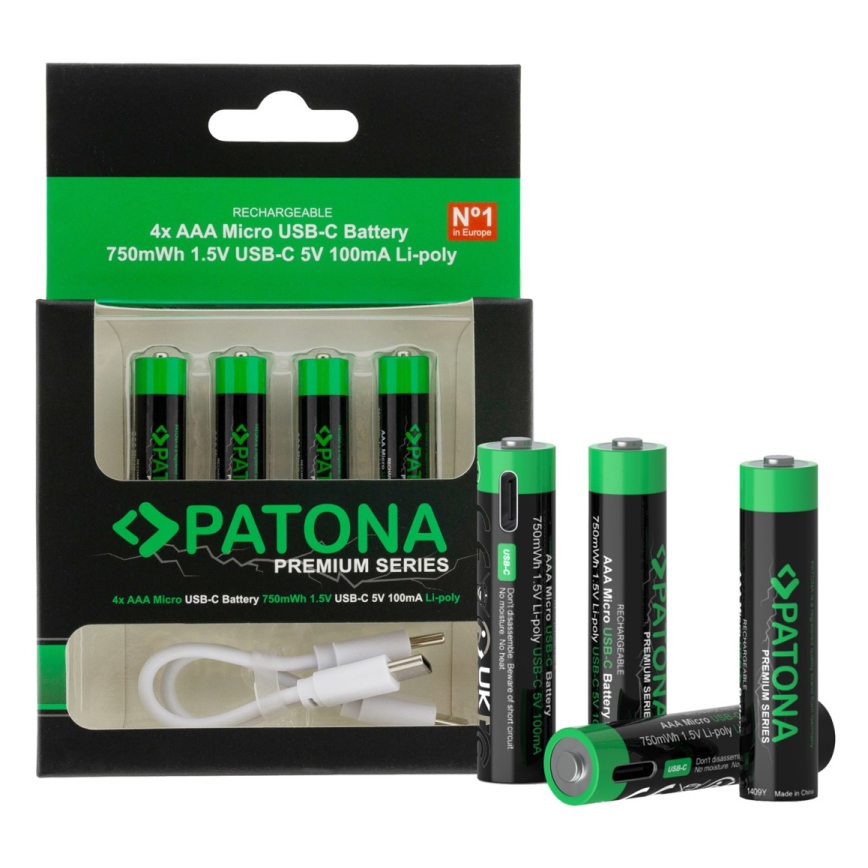 PATONA - SADA 4x Baterie AAA/LR03 Li-Pol 500mAh 1,5V s USB-C nabíjením