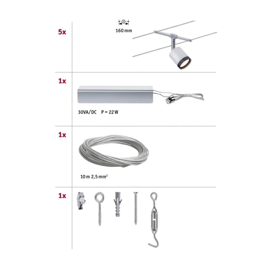 Paulmann 3981 - SADA 5xLED/4W Kompletní lankový systém TUBE 230V matný chrom/černá