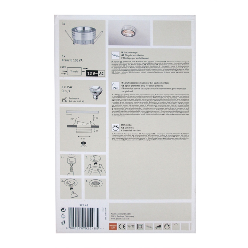 Paulmann 92548 - SADA 3x Koupelnové podhledové svítidlo PREMIUM LINE 3xGU5,3/35W/230V/12V
