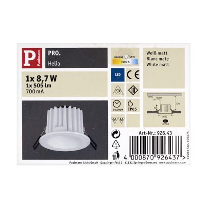 Paulmann 92643 - LED/8,7W IP65 Koupelnové podhledové svítidlo HELIA 700mA