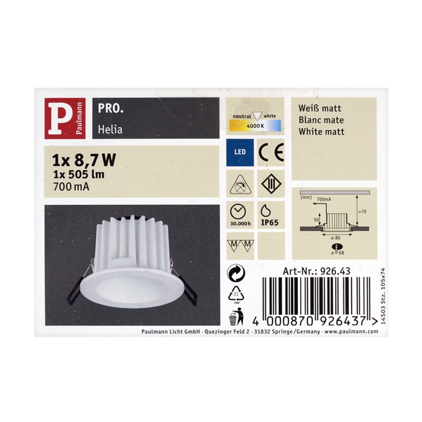 Paulmann 92643 - LED/8,7W IP65 Koupelnové podhledové svítidlo HELIA 700mA