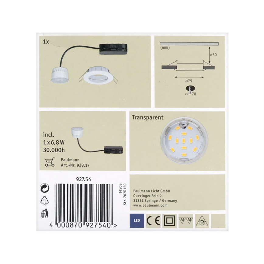 Paulmann 92754 - LED/6,8W IP44 Koupelnové podhledové svítidlo COIN 230V