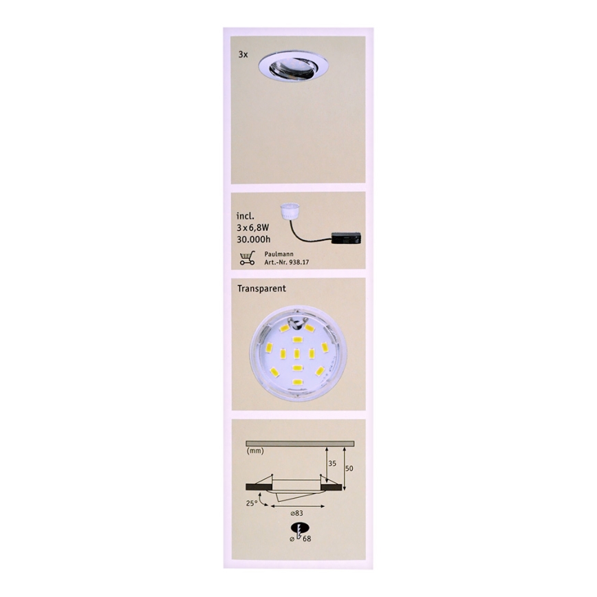 Paulmann 92770 - SADA 3x LED Koupelnové podhledové svítidlo COIN 3xLED/6,8W/230V