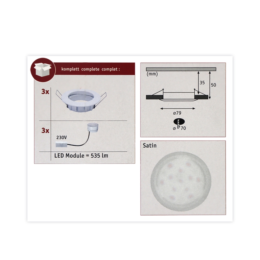 Paulmann 93974 - SADA 3xLED/6,8W IP44 Koupelnové podhledové svítidlo COIN 230V
