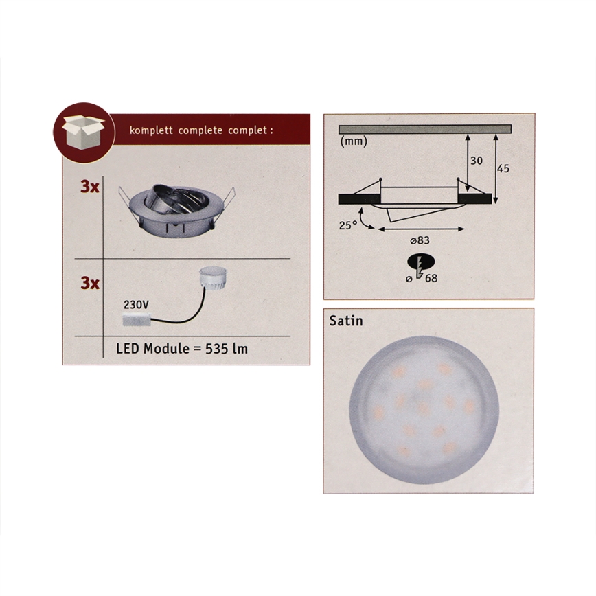 Paulmann 93980 - SADA 3xLED/6,8W IP23 Koupelnové podhledové svítidlo COIN 230V