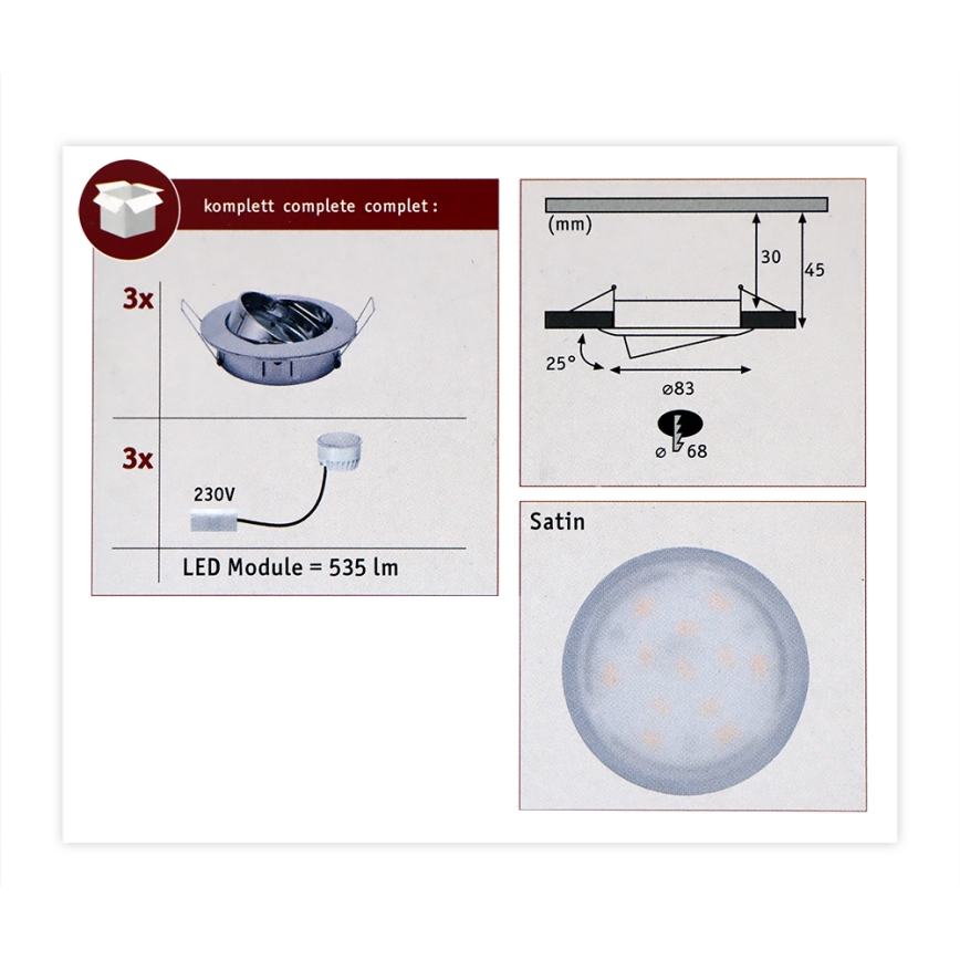 Paulmann 93982 - SADA 3xLED/6,8W IP23 Koupelnové podhledové svítidlo COIN 230V