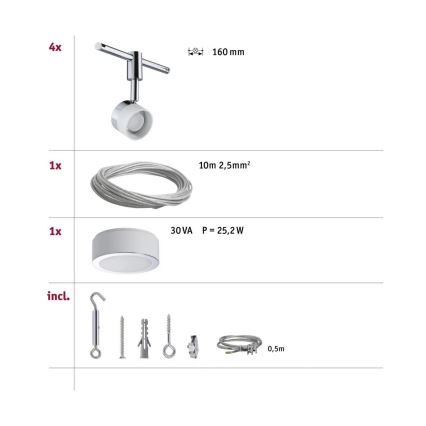 Paulmann 94080 - SADA 4xLED/4,8W Kompletní lankový systém STAGE 230V lesklý chrom