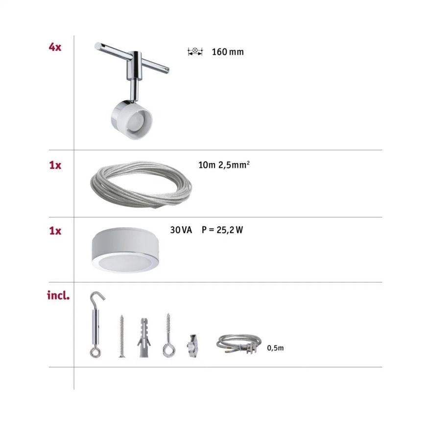 Paulmann 94080 - SADA 4xLED/4,8W Kompletní lankový systém STAGE 230V lesklý chrom