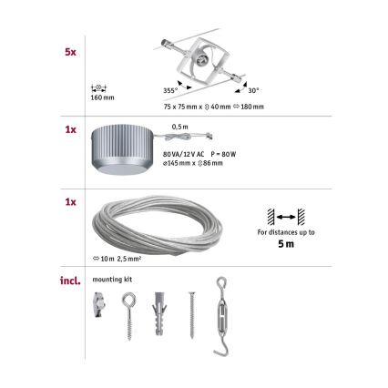 Paulmann 94133 - SADA 5xGU5,3/10W Bodové svítidlo do lankového systému MAC 230V chrom