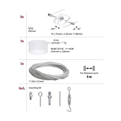 Paulmann 94134 - SADA 5xGU5,3/10W Bodové svítidlo do lankového systému MAC 230V bílá