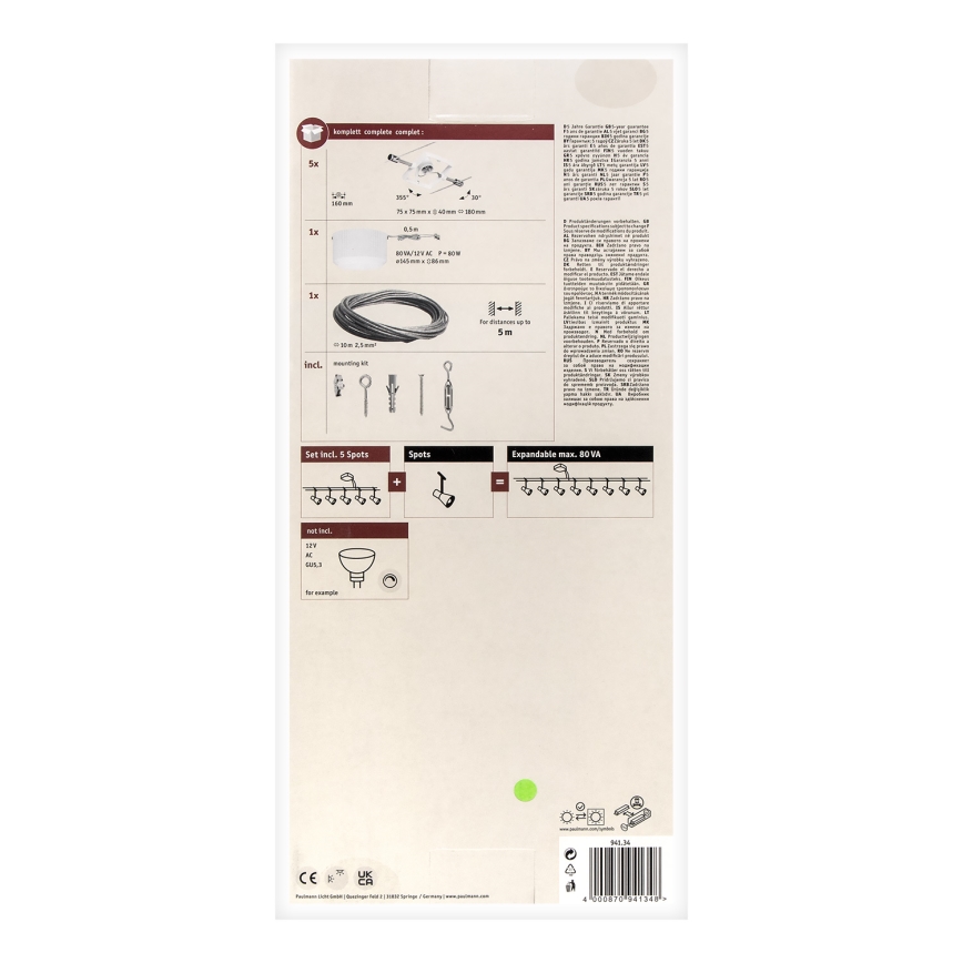 Paulmann 94134 - SADA 5xGU5,3/10W Kompletní lankový systém MAC 230V bílá