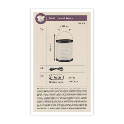 Paulmann 94169 - LED/0,2W IP44 Venkovní dekorační svítidlo MOBILE 3,7V 900 mAh