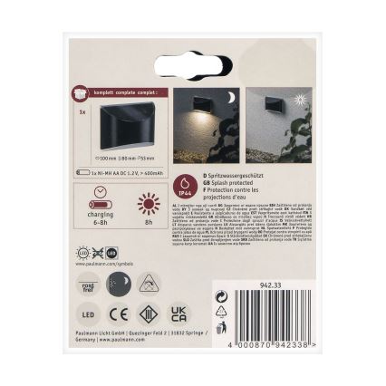 Paulmann 94233 - LED/0,05W IP44 Solární nástěnné svítidlo ELLIOT 1,2V 400 mAh