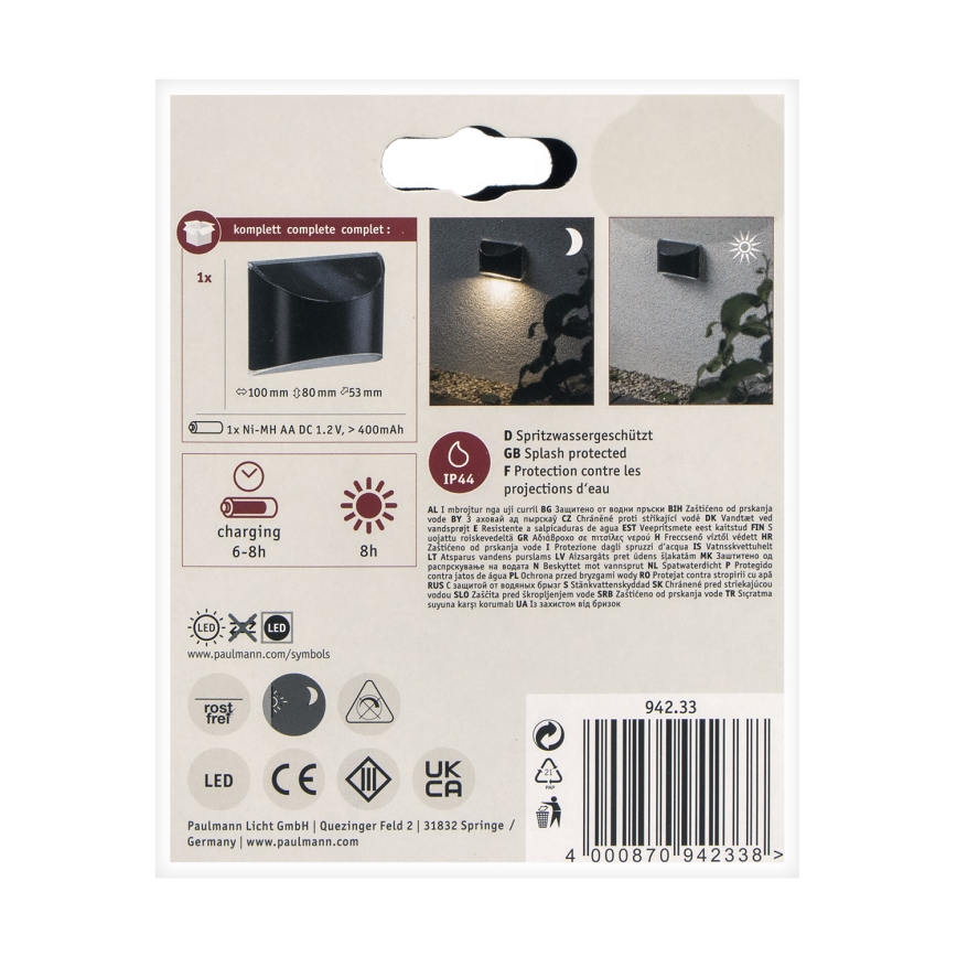 Paulmann 94233 - LED/0,05W IP44 Solární nástěnné svítidlo ELLIOT 1,2V 400 mAh