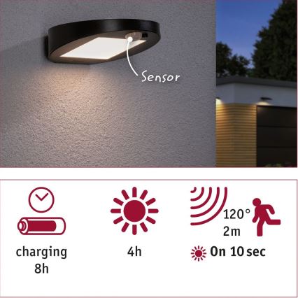 Paulmann 94246 - LED/1,2W IP44 Venkovní solární svítidlo se senzorem RYSE 3,7V 1800 mAh